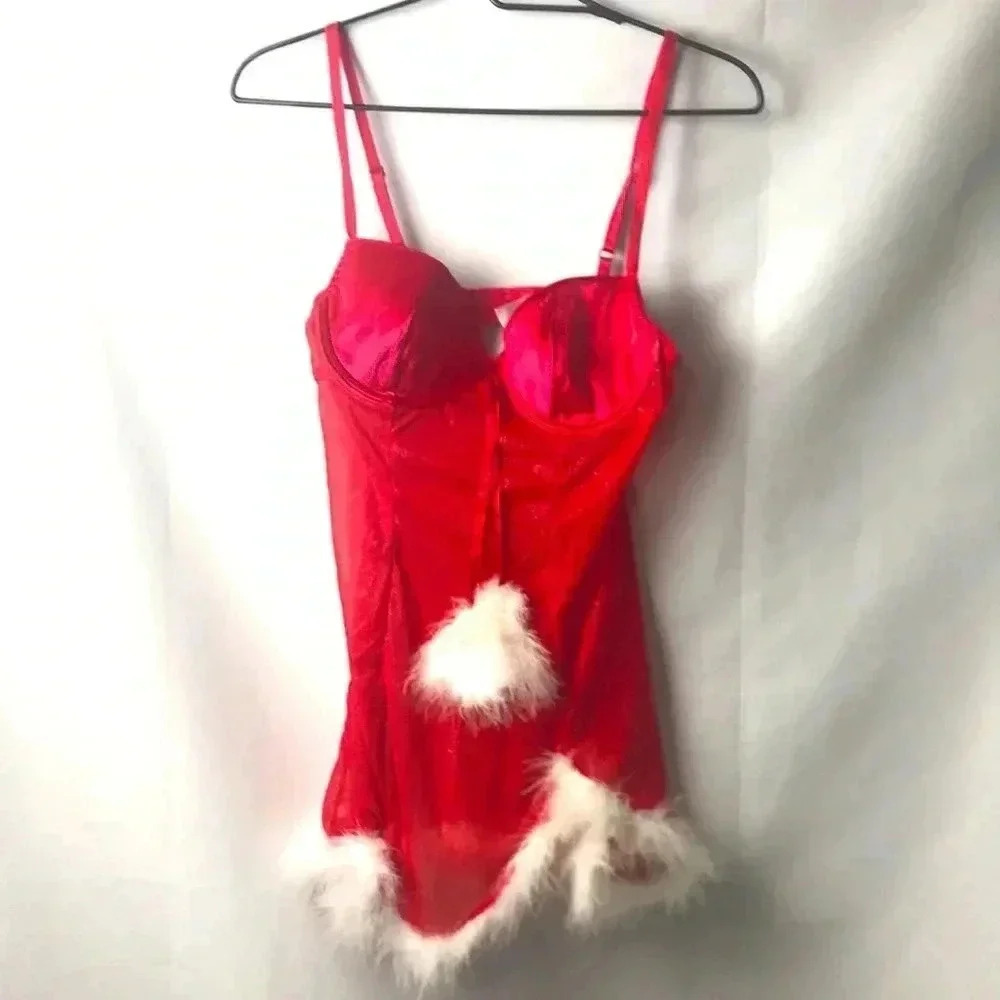 - INNER SECRETS WOMENS SIZE‎ MEDIUM CHRISTMAS NIGHTIE RED WHITE FEATHER TRIM